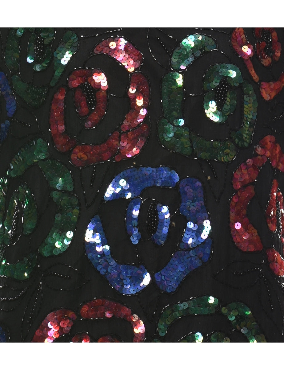 Sequined & Beaded Silk Party Top - L