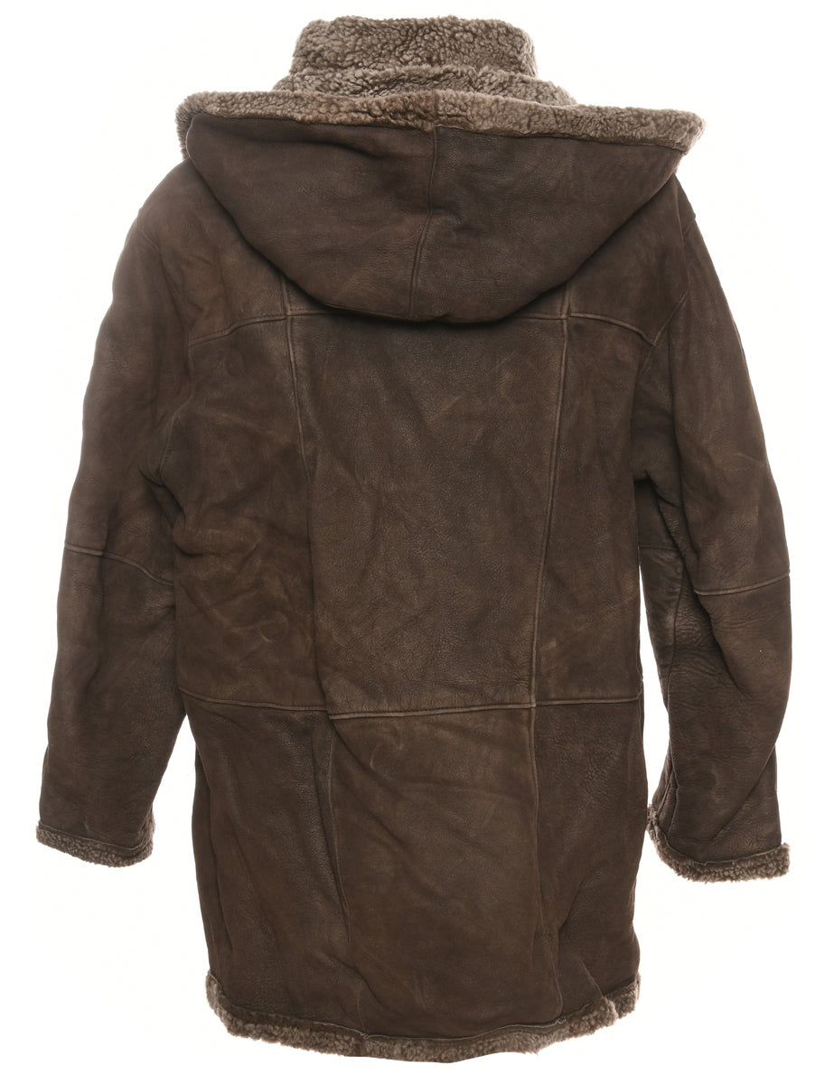Hooded Dark Brown Suede Sherling Coat - M