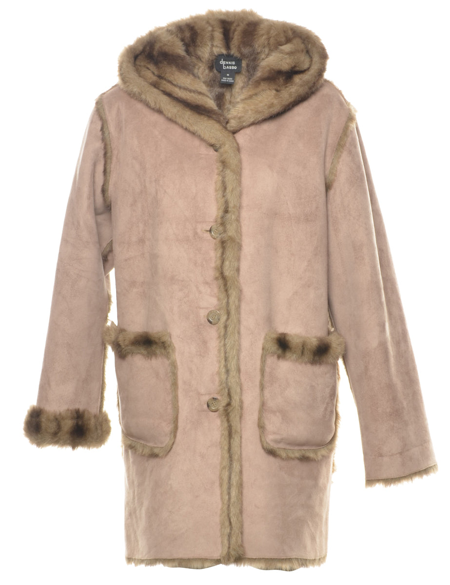 Faux Fur Lining Knee Length Coat - M