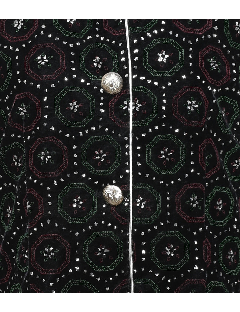 Sparkly Effect Patterned Velvet Evening Jacket - M