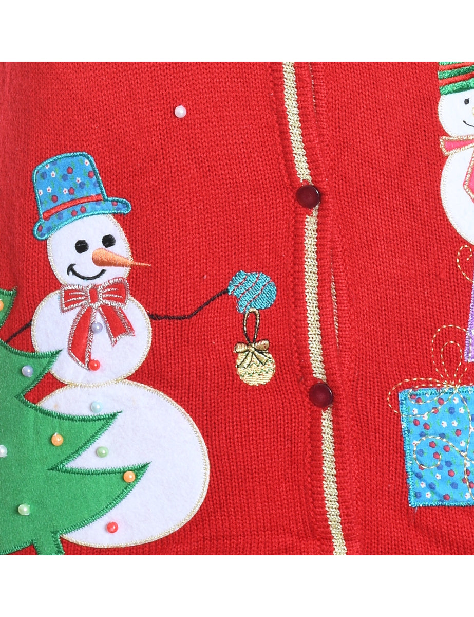 Snowman Design Red Embroidered Christmas Sweater Vest - M