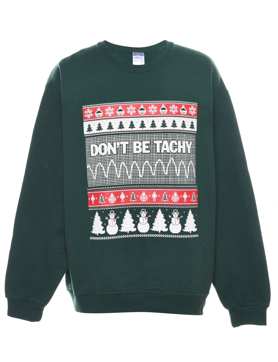 Snowman Design Dark Green & Red Christmas Sweatshirt - L