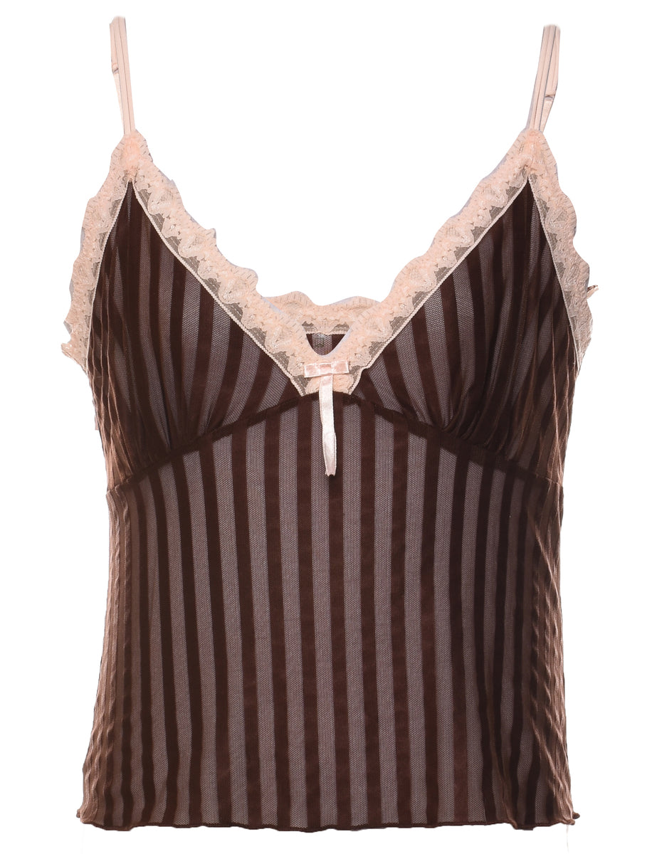 Sheer Striped Pattern Dark Brown Strappy Camisole - M