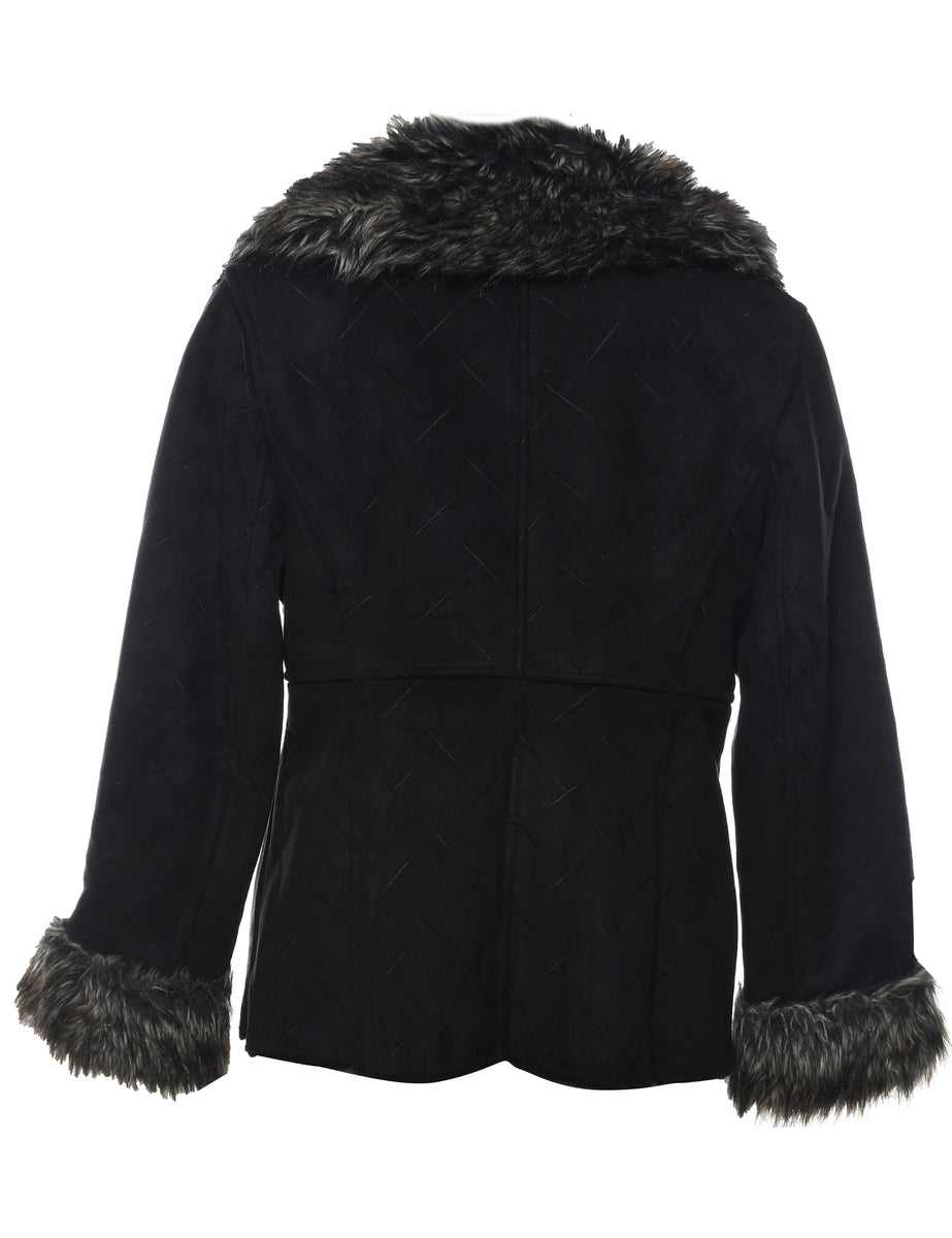Single Breasted Black Faux Shearling Lined Afghan Jacket - L