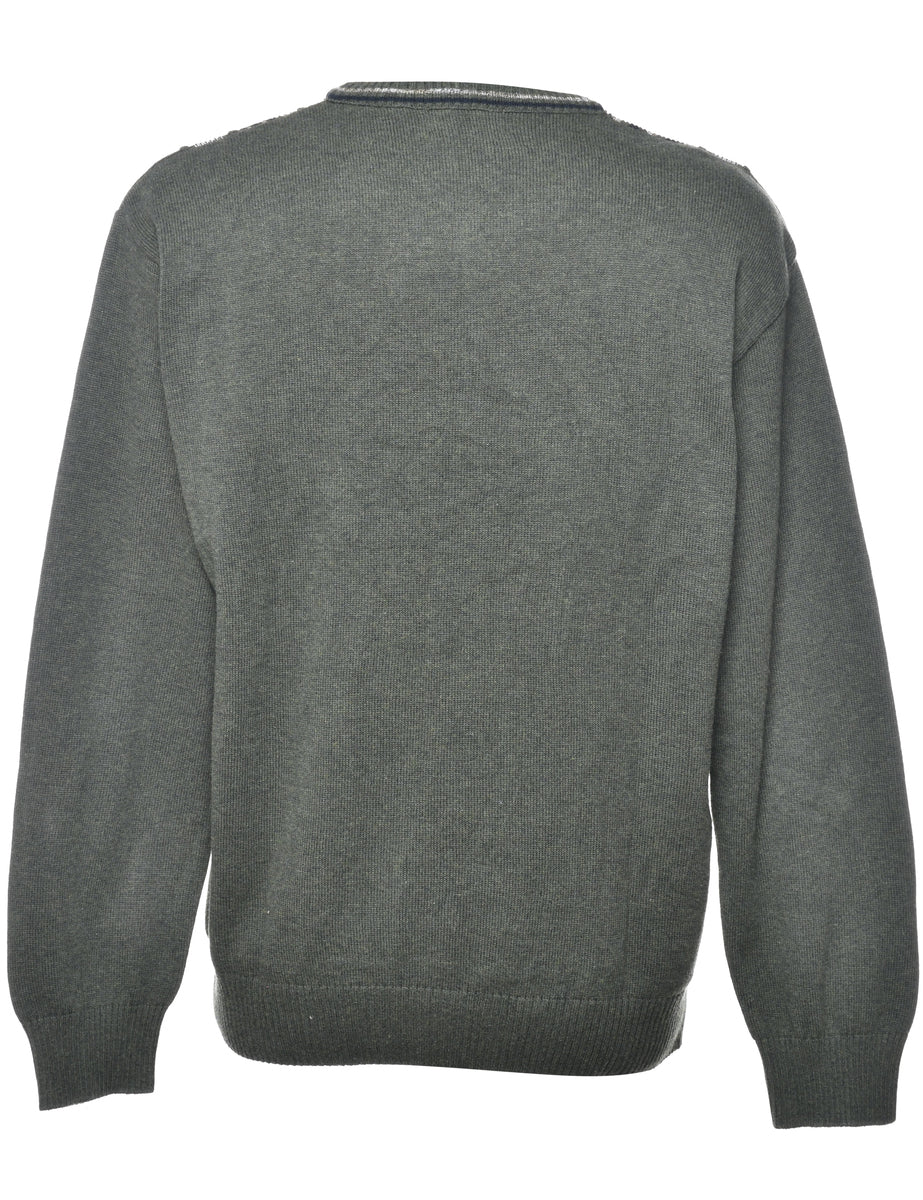 Patterned Olive Green Jumper - M