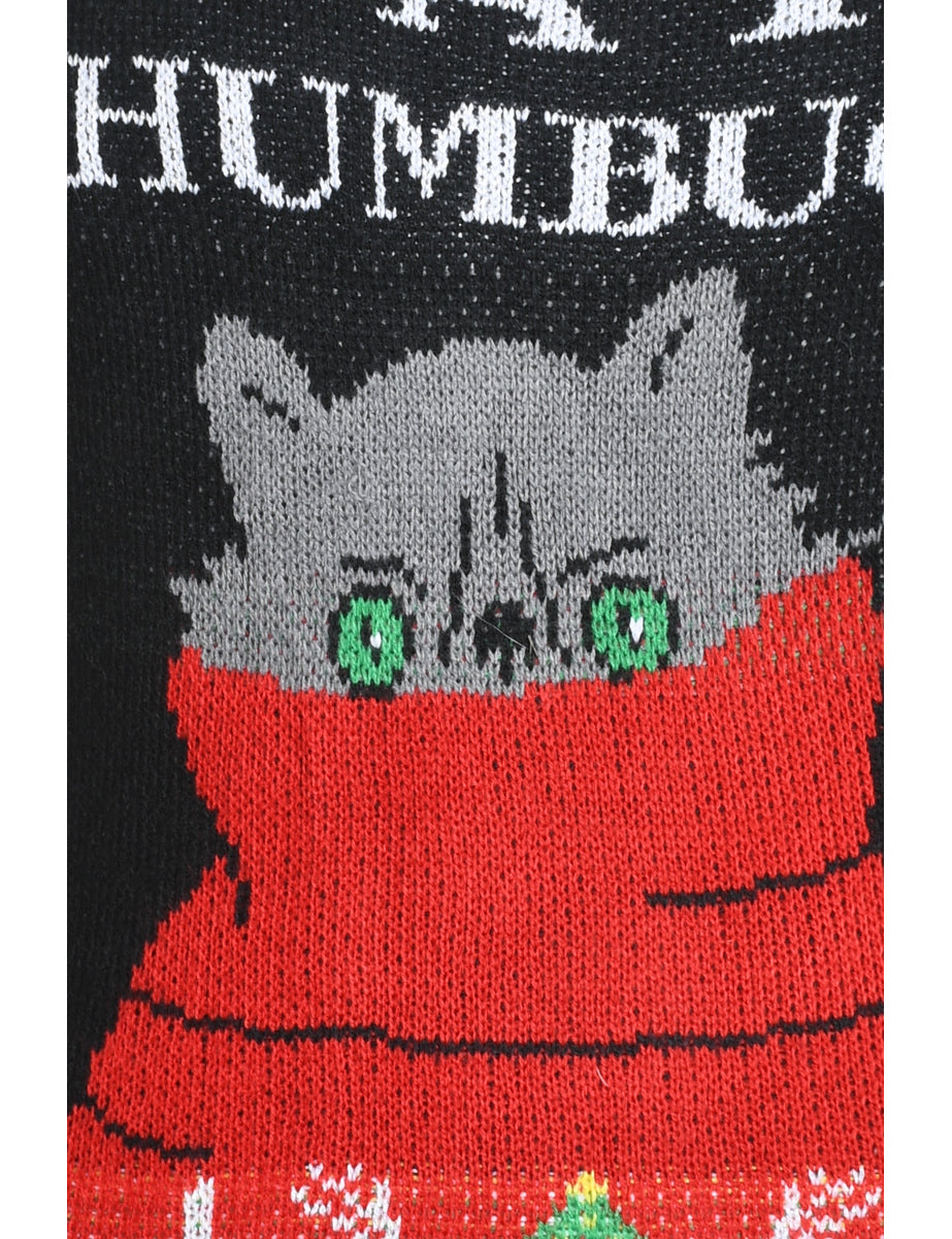 Cat Design Black Knit Christmas Jumper - M