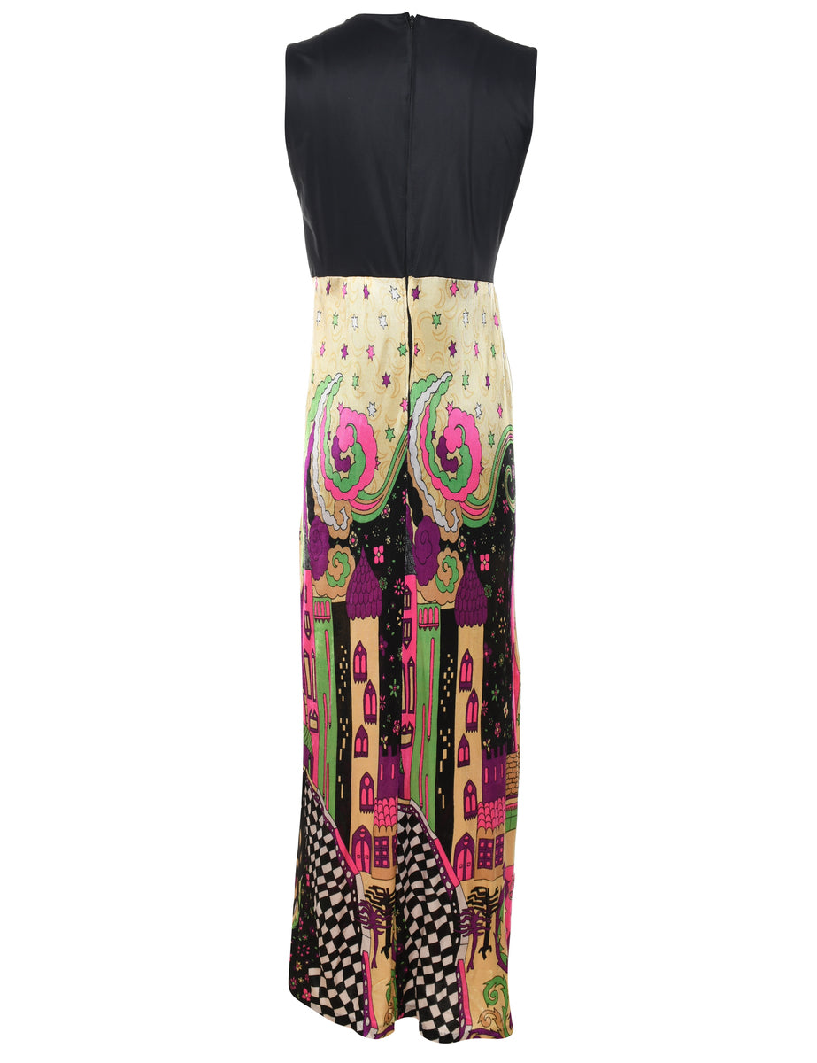 1970s Graphic Design Multi-Colour Round Neck Dress - M