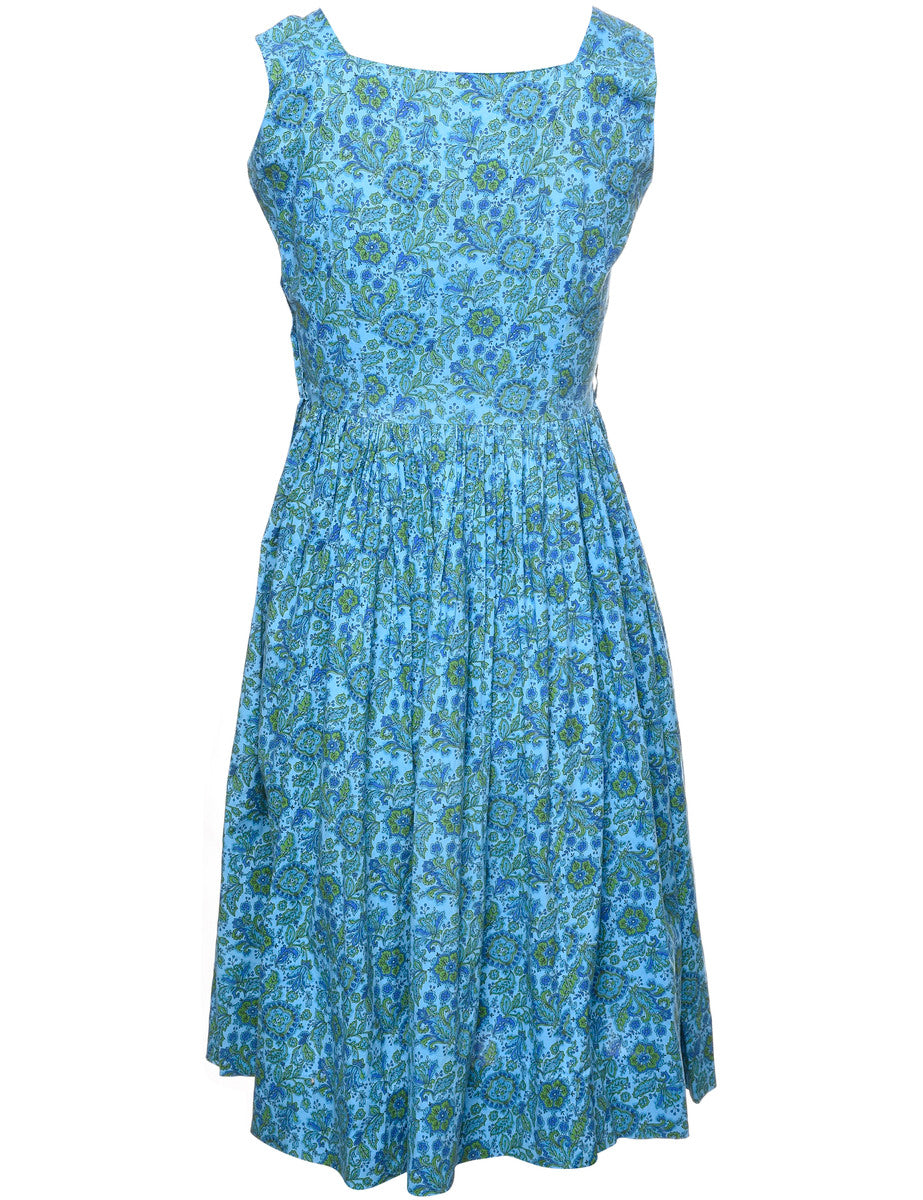 Floral Print Vintage Blue & Green 1950s Dress - M