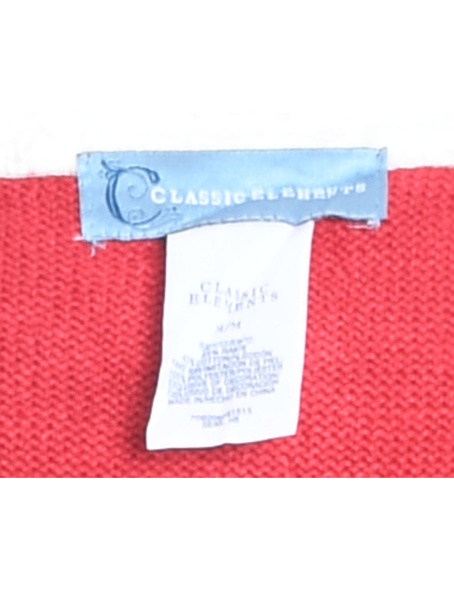 Snowman Design Red Zip-Front Embroidered Christmas Cardigan - M