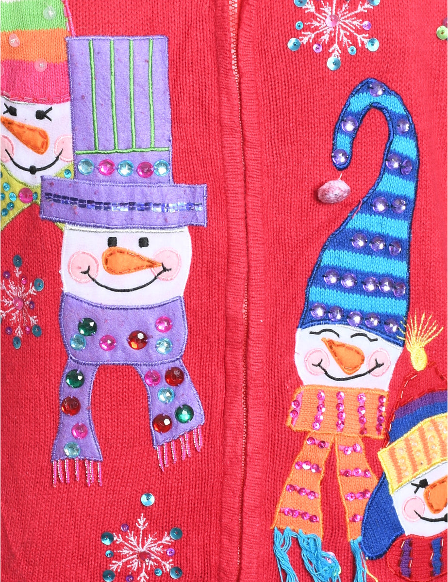 Snowman Design Zip-Front Appliqued Christmas Cardigan - L