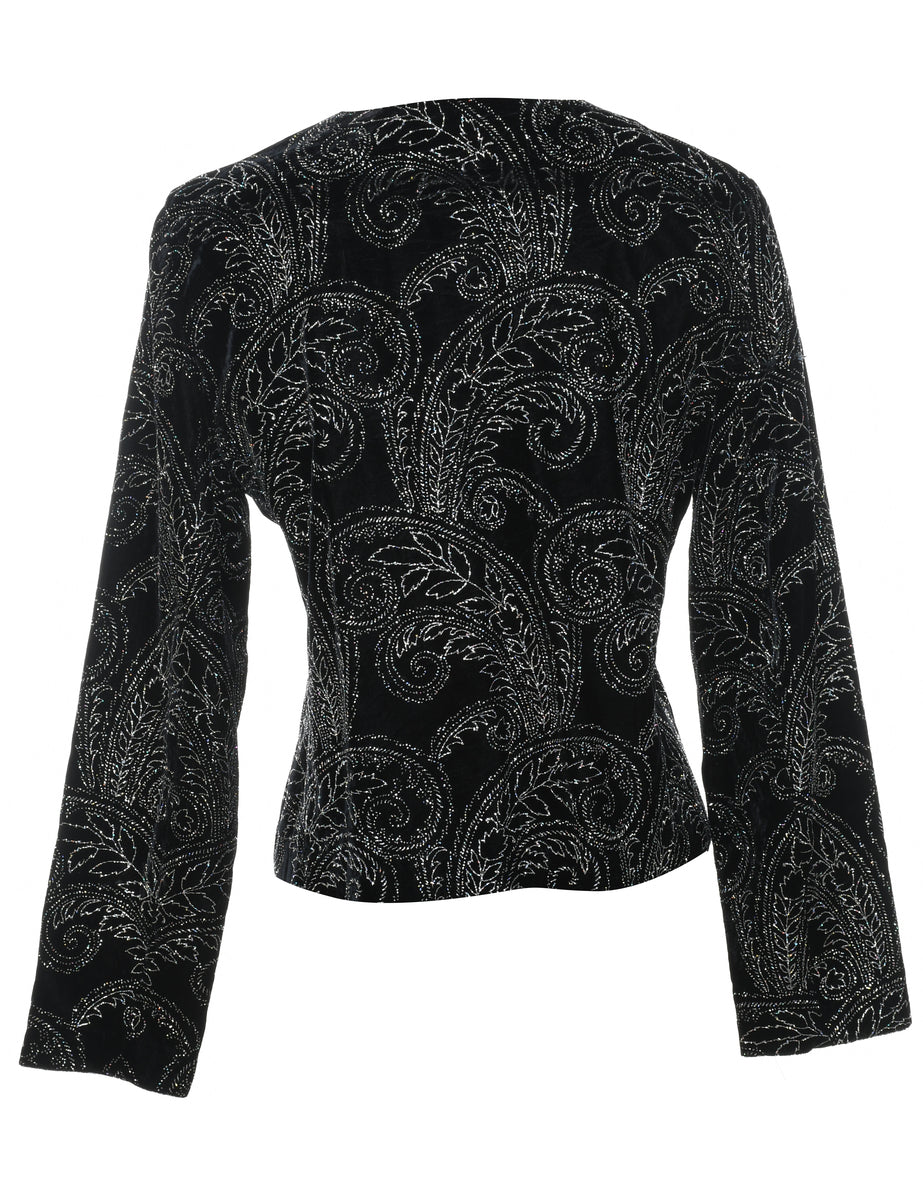 Black & Silver Velvet Sparkly Paisley Evening Jacket - M
