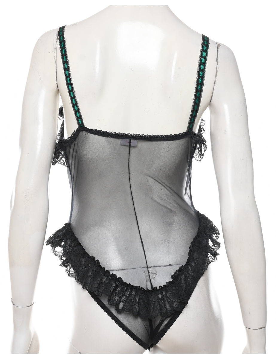 Black & Green Frilly Lace Fredriks Of Hollywood Bodysuit - S