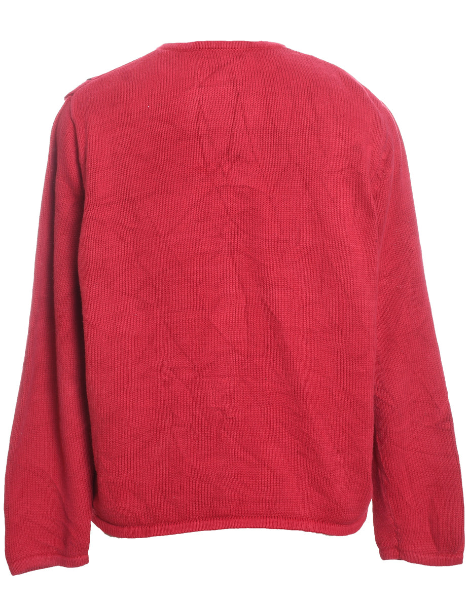 Red Embroidered Christmas Cardigan - L