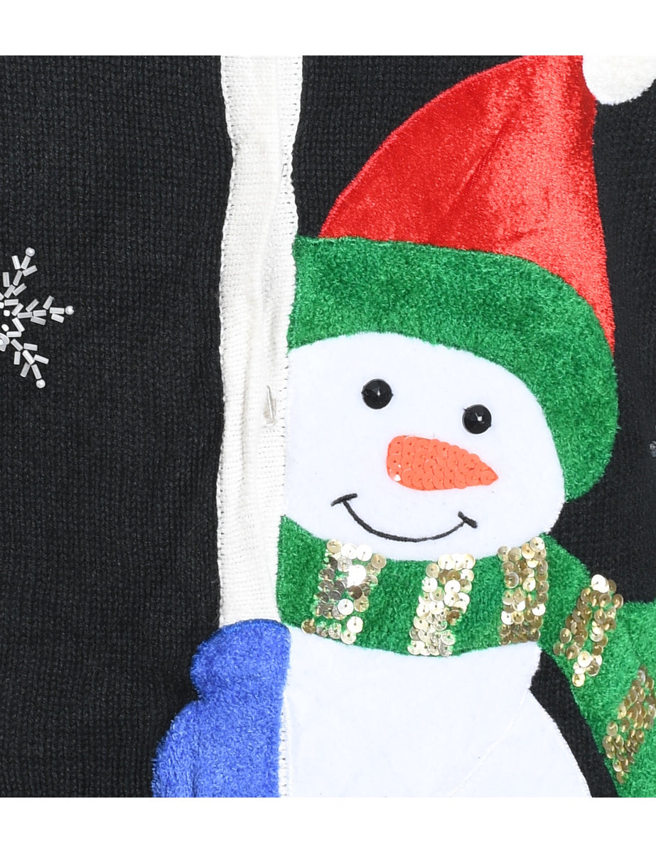 Black Appliqued Snowman Design Christmas Cardigan  - L