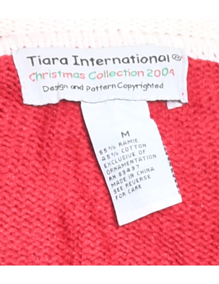 Red Snowman Design Embroidered Zip-Front Cardigan  - M