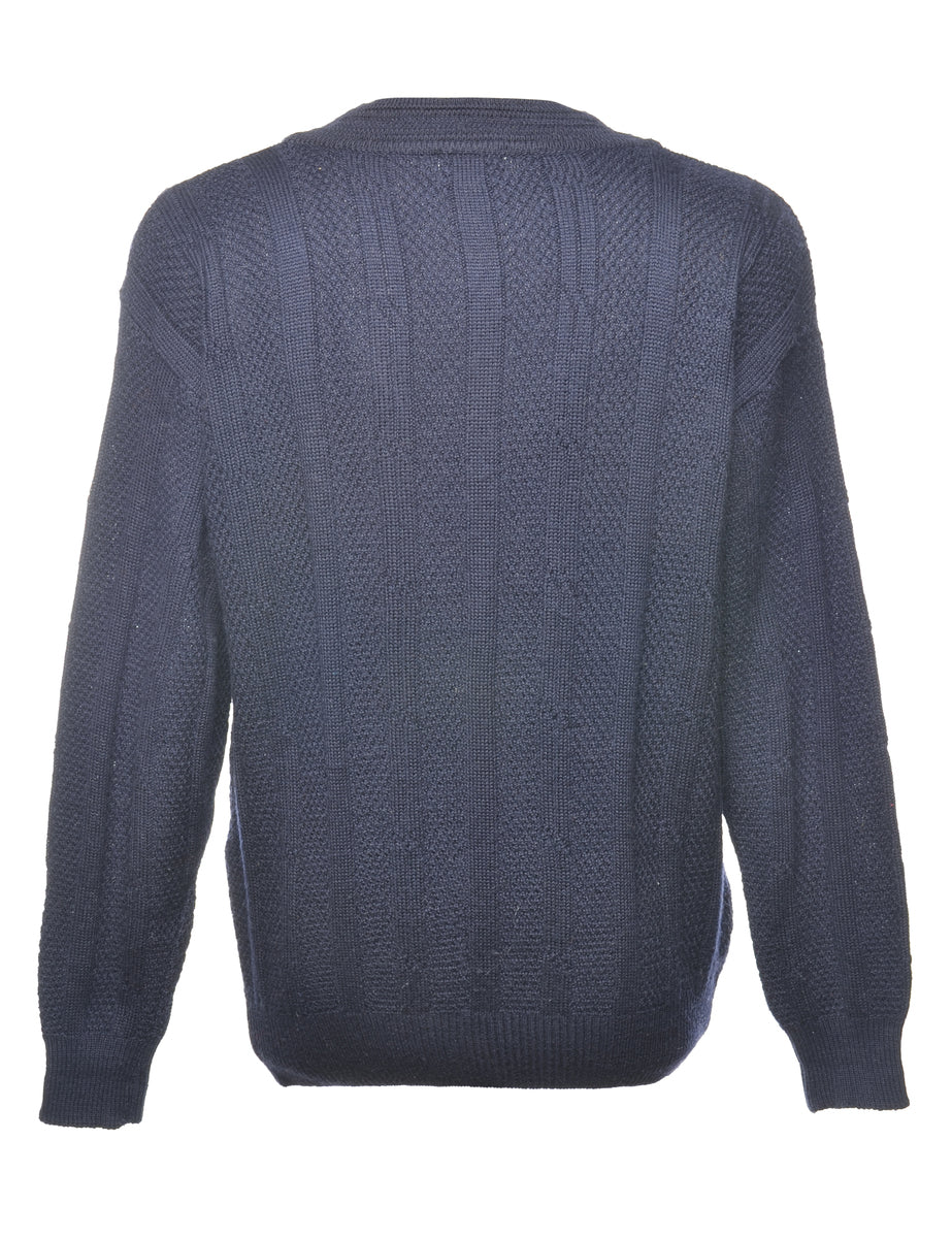 Cable Knit Navy V-Neck Jumper - L