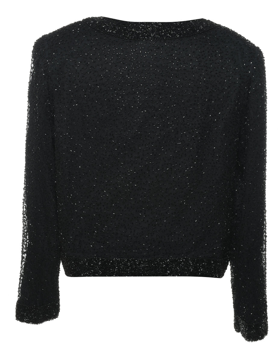 Beaded Black 100% Pure Silk Evening Jacket - M