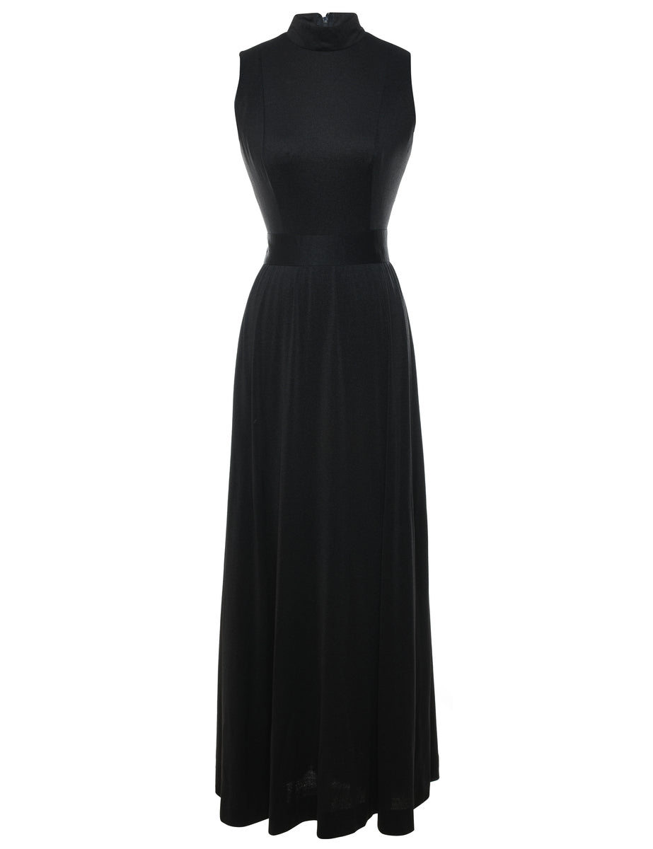Sleeveless Plain Black High-Neck Maxi Dress - S