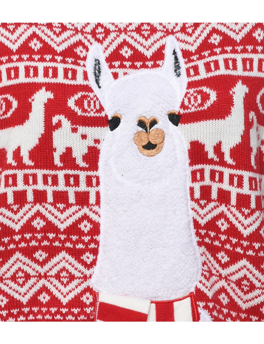 Red & White Llama Design Christmas Jumper - S