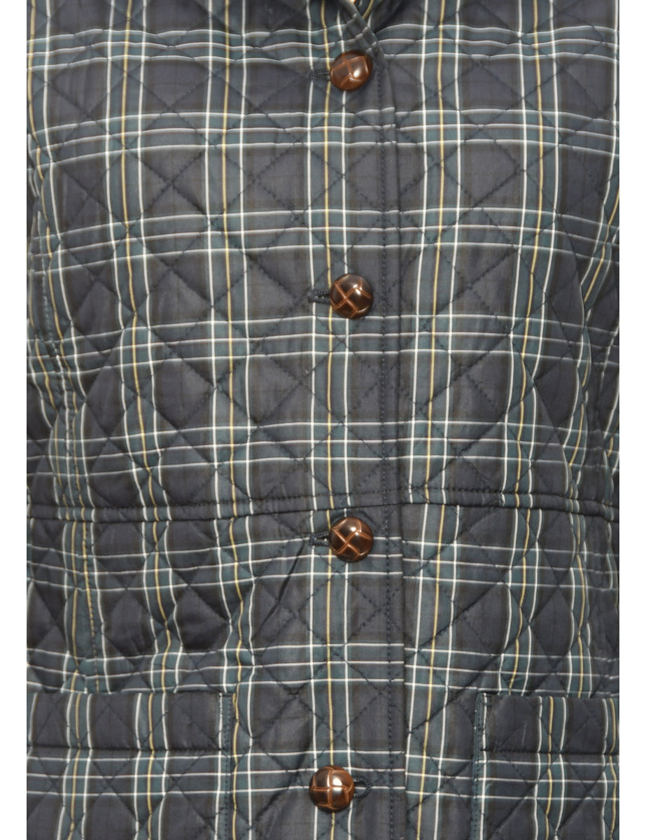 Navy & Green Checked Button-Front Jacket - M
