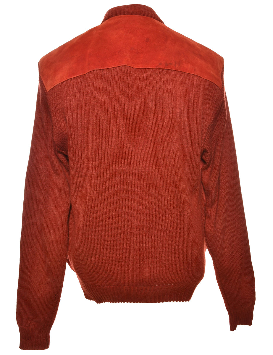 Maroon Zip-Front Suede Detail Cardigan - M