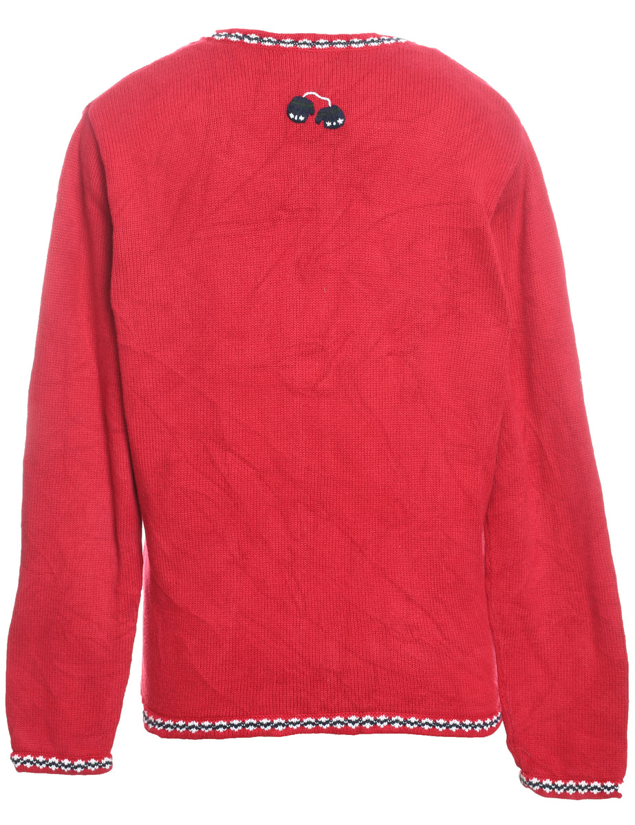Snowman Design Red Embroidered Christmas Cardigan - M