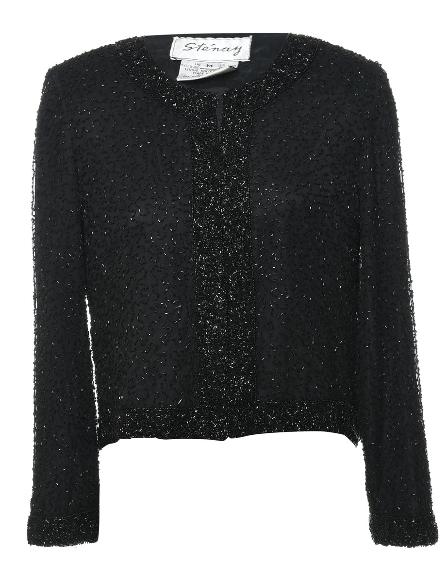 Beaded Black Silk Evening Jacket - M
