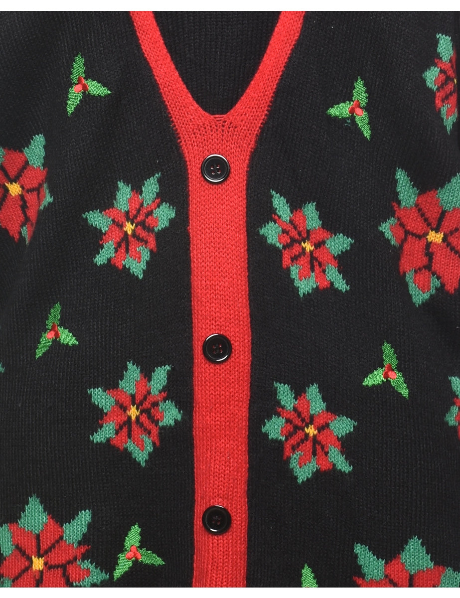 Festive Holly Design Christmas Cardigan - M