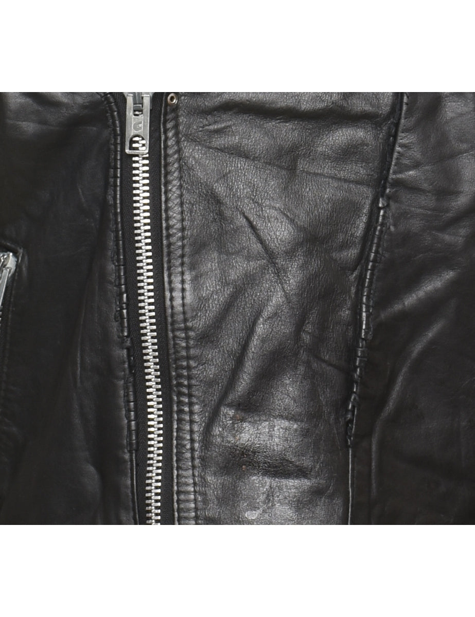 Black Studded Harley Davidson Embroidered Leather Jacket - L