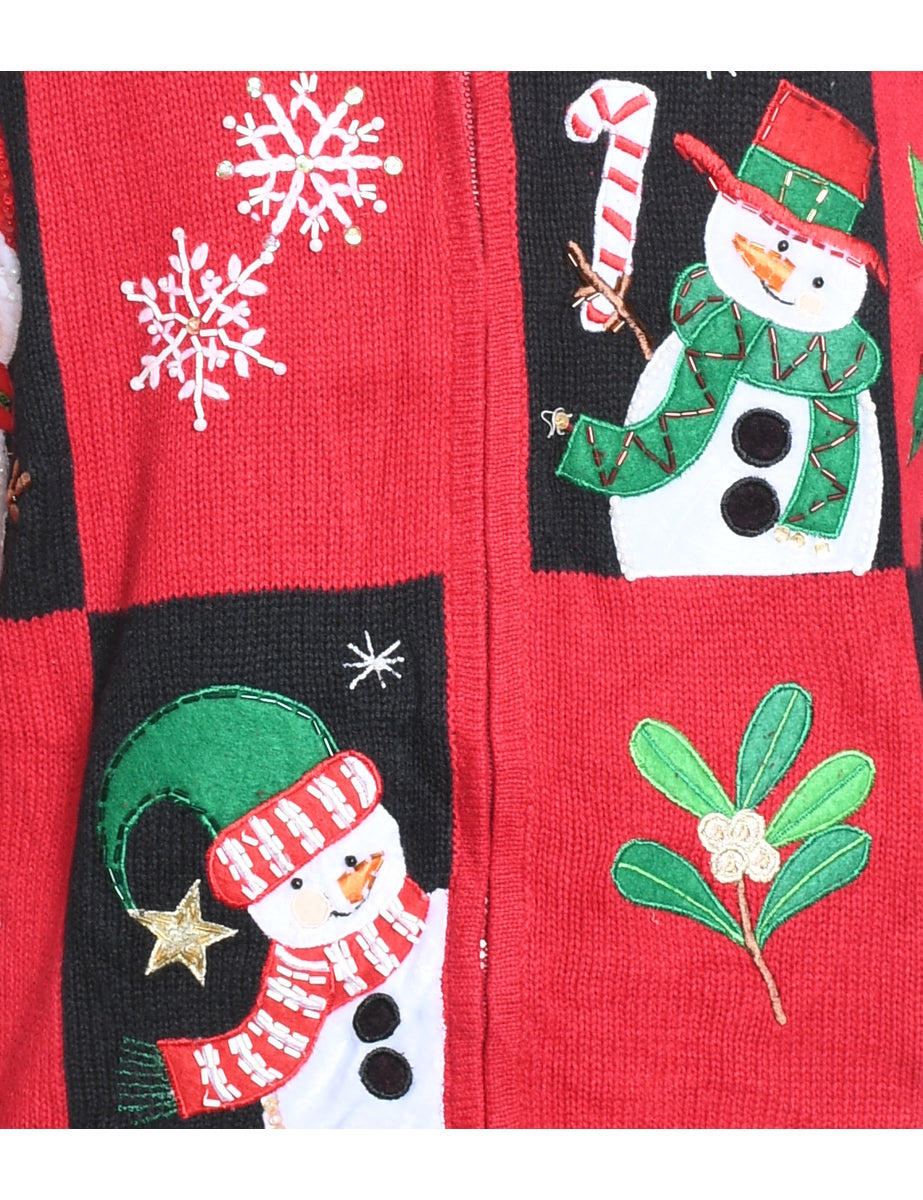 Snowman Design Black & Red Patchwork Embroidered Christmas Cardigan - M