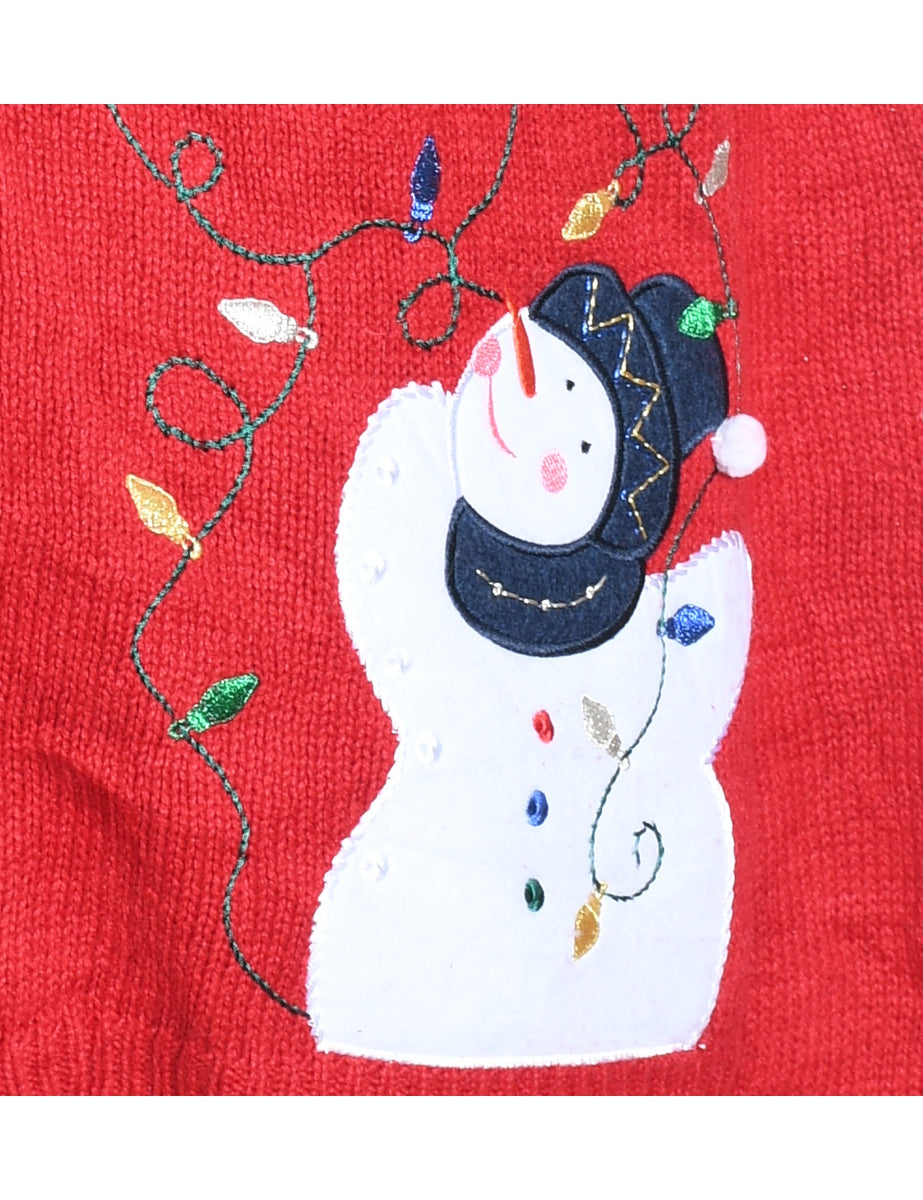 Snowman Design Red Embroidered Christmas Cardigan - L