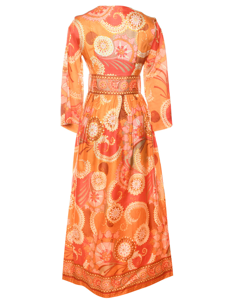 1970s Floral & Paisley Print Orange & Red Maxi Dress - S