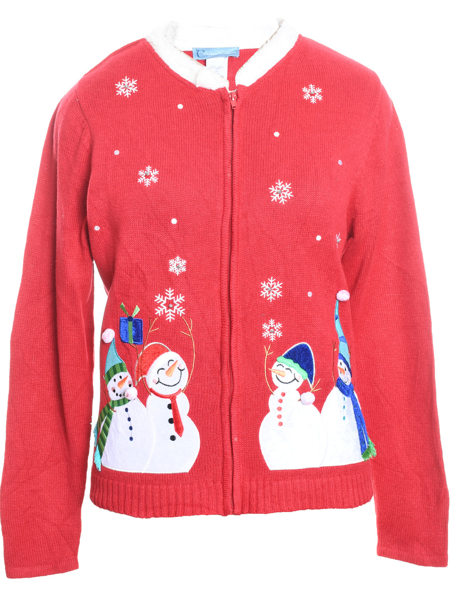 Snowman Design Red Zip-Front Embroidered Christmas Cardigan - M