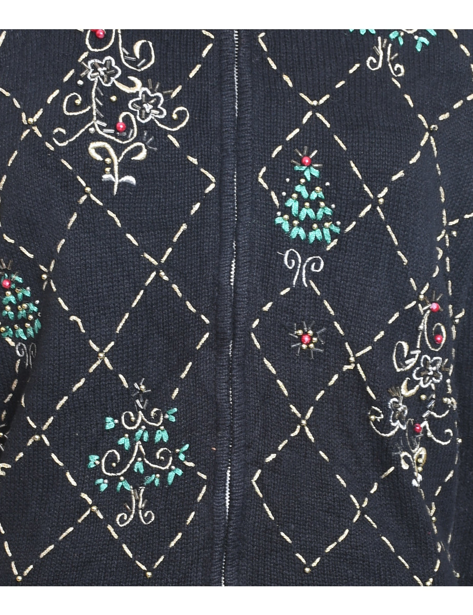 Black Zip-Front Embroidered Christmas Cardigan  - M