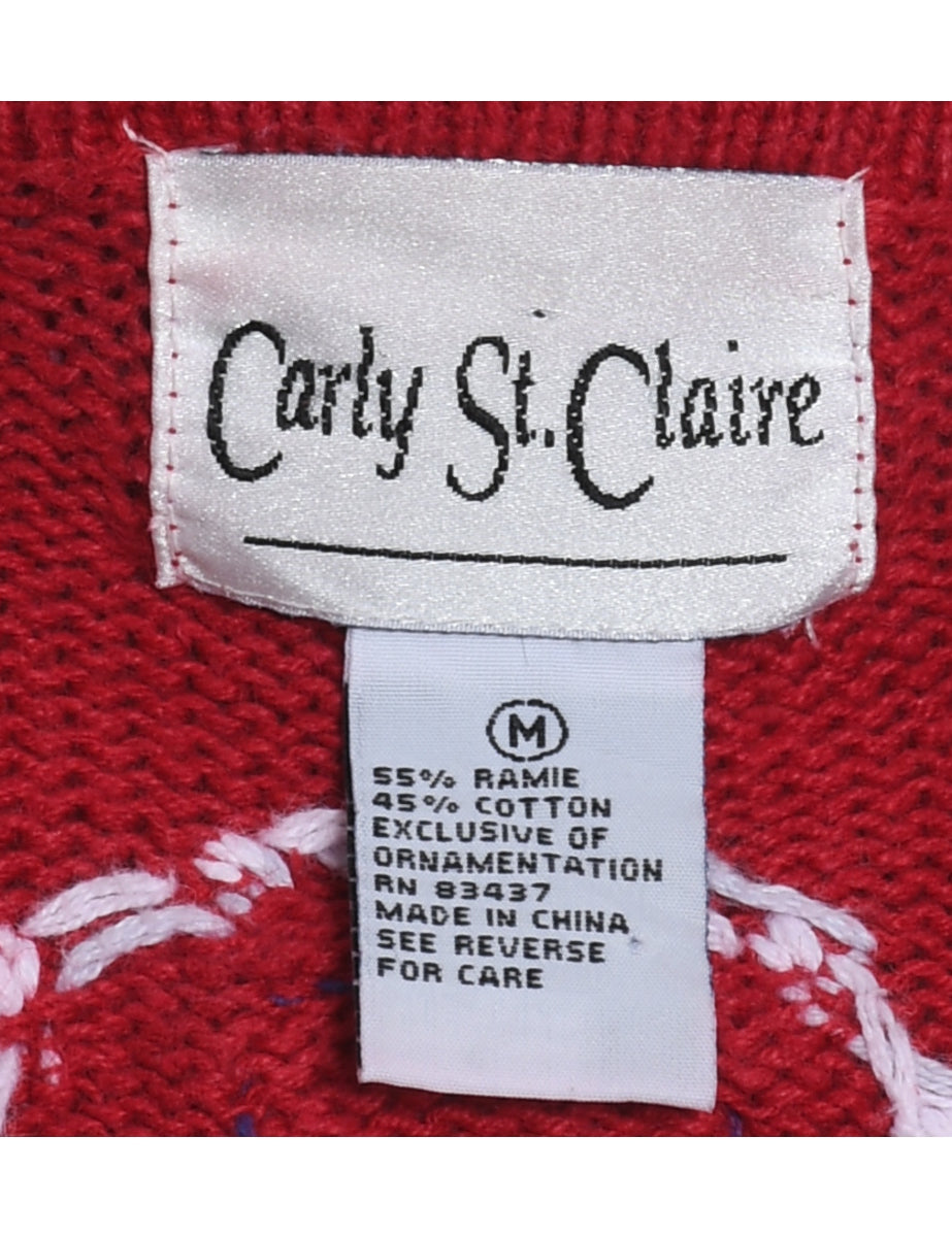 Snowman Design Red & White Zip-Front Christmas Cardigan - M