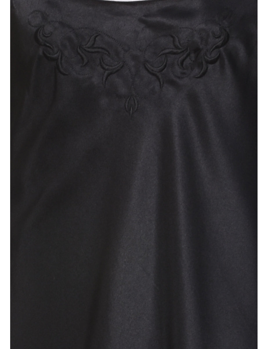 Classic Black Silky Embroidered Slip Dress - M