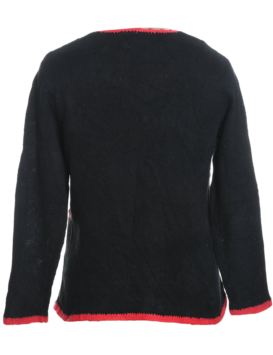 Black Embroidered Button-Front Christmas Cardigan  - S