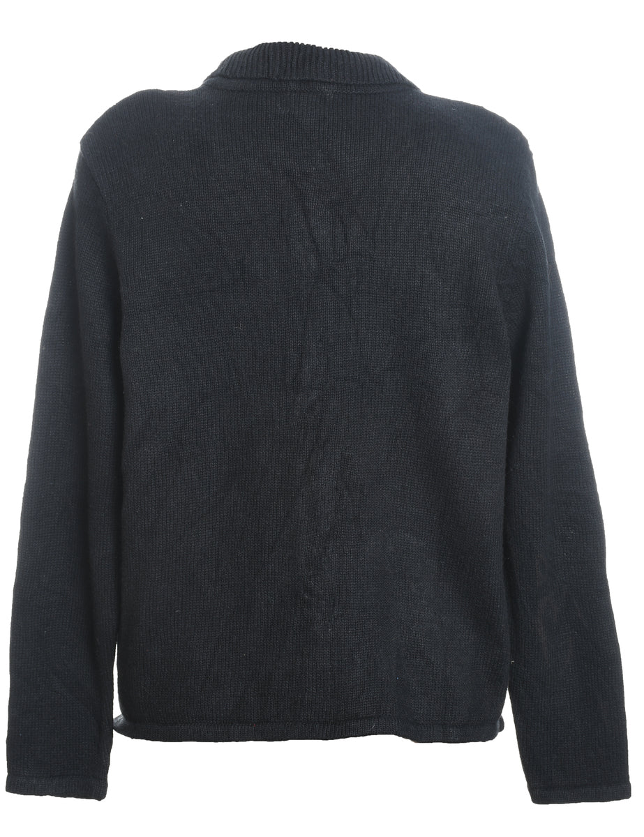 Santa Claus Design Black Embroidered Christmas Cardigan - M