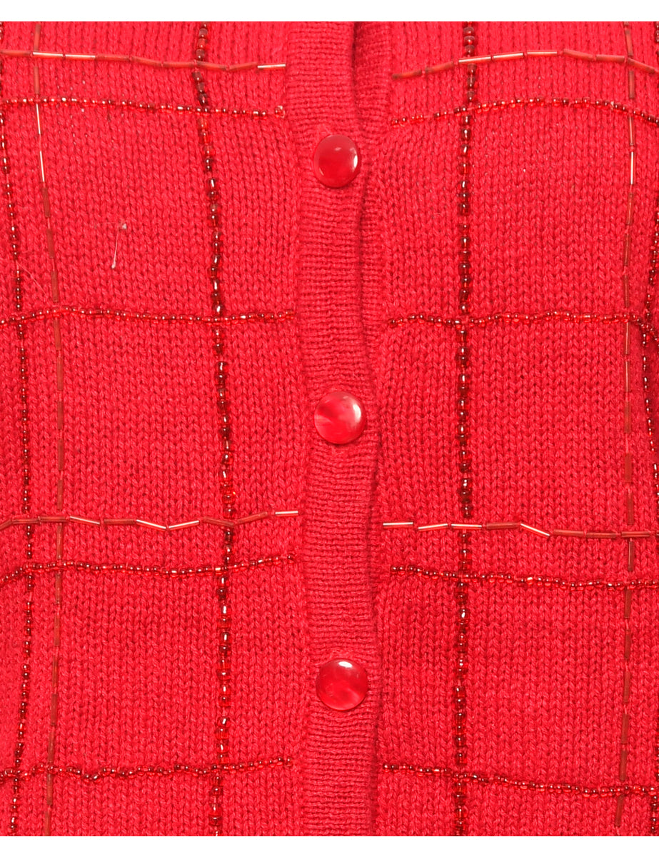 Button-Front Red Embellished Christmas Cardigan - L