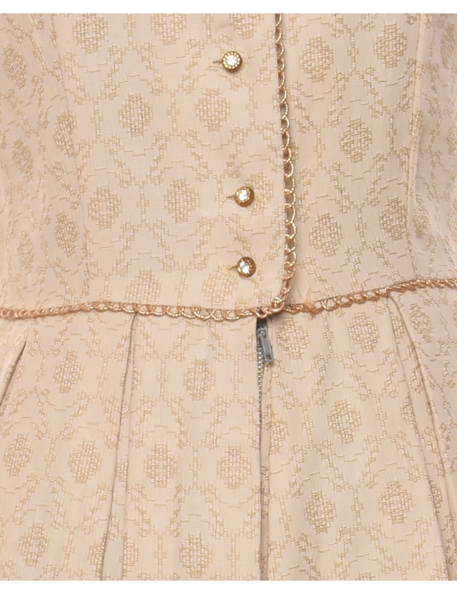 Beige & Gold Sparkly Button-Front 1950s Pleated Dress - M