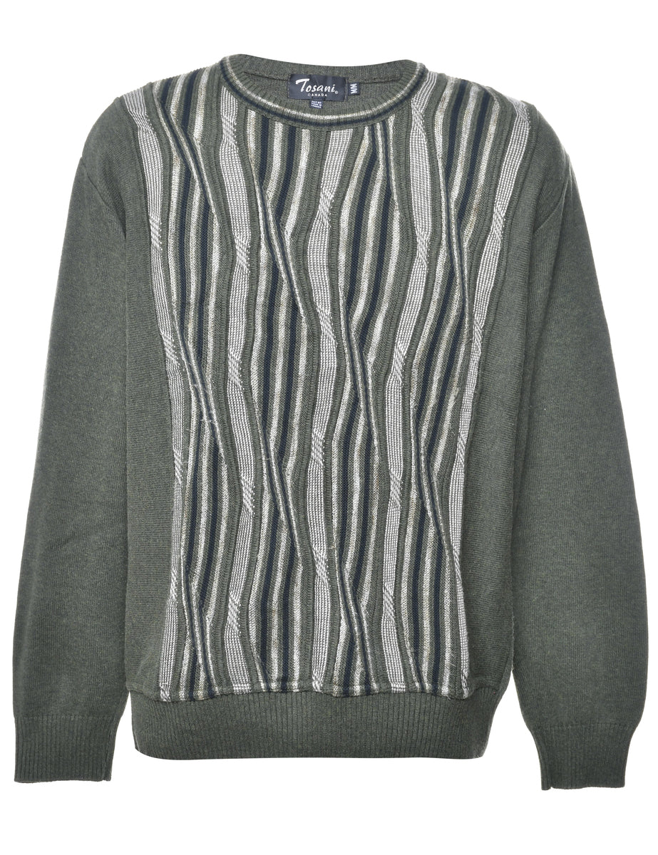 Patterned Olive Green Jumper - M