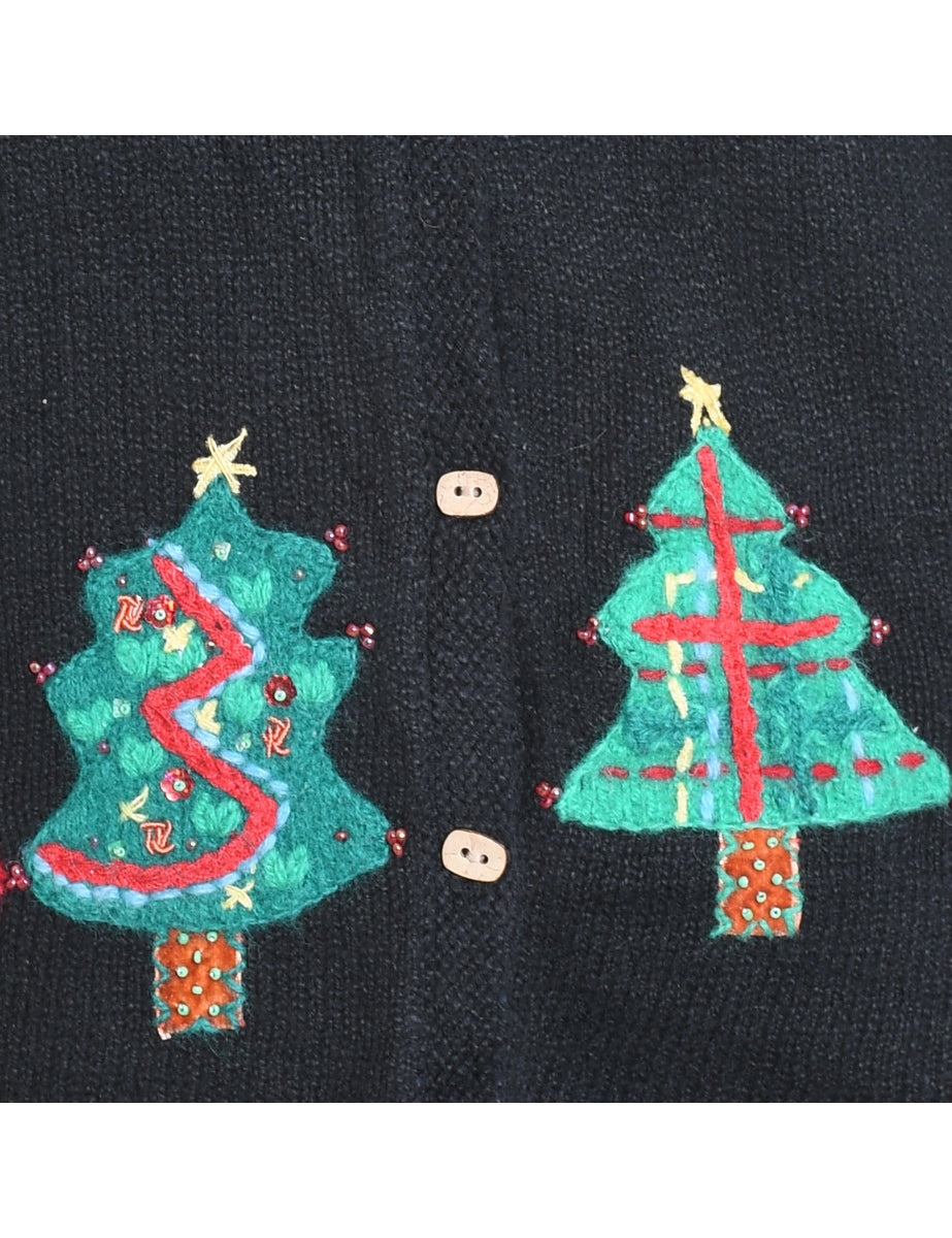Black Christmas Tree Design Cardigan - L