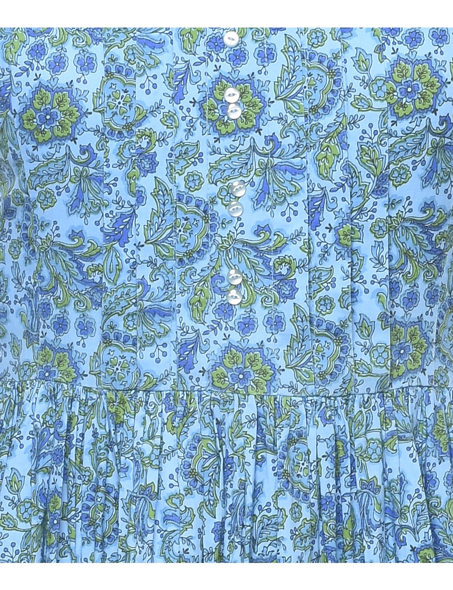 Floral Print Vintage Blue & Green 1950s Dress - M