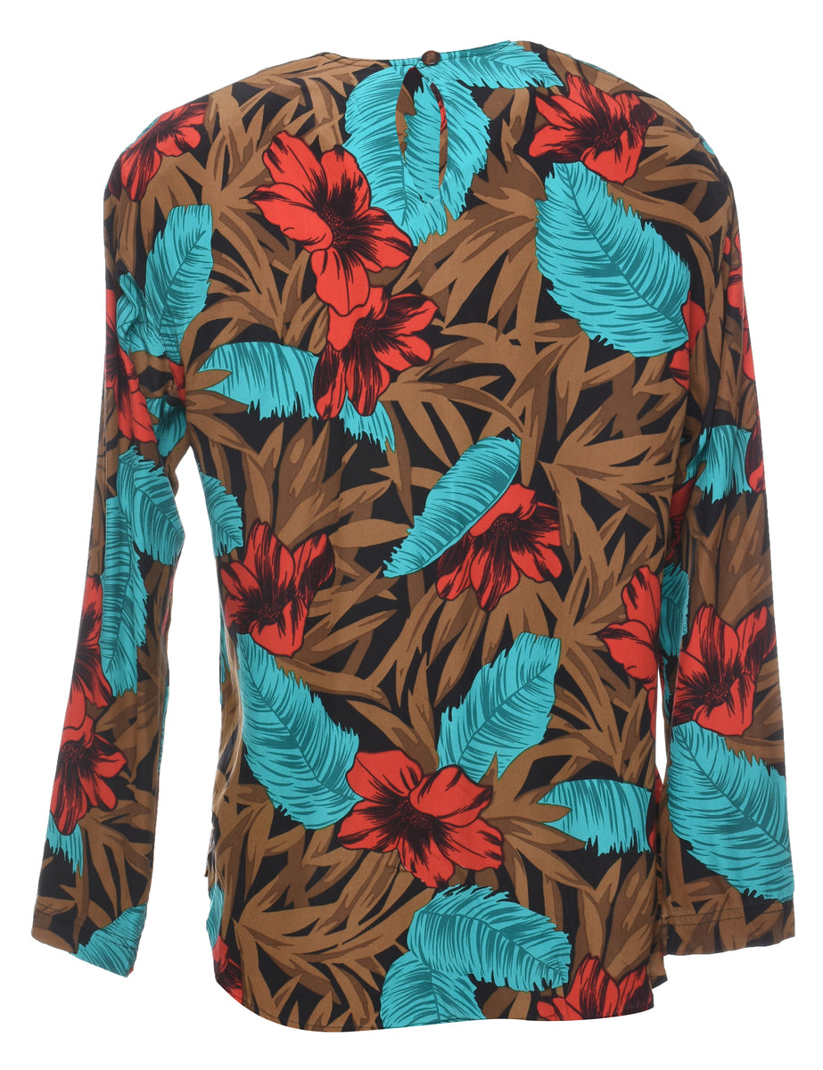 Foliage Printed 1980s Multi-Colour Silk Top - S