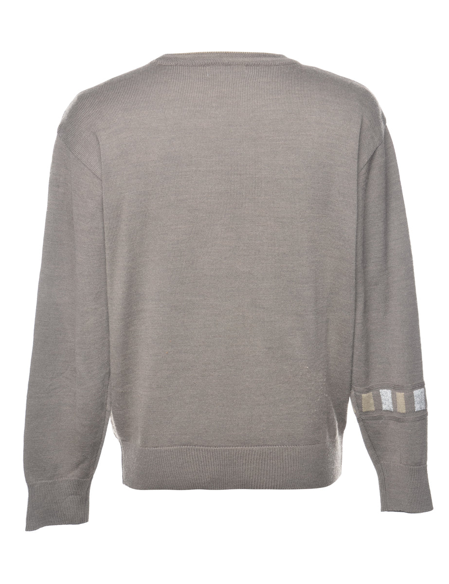 Fine Knit Grey Embroidered Jumper - L