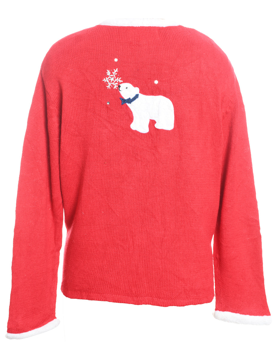 Polar Bear Design Red & White Appliqued Christmas Cardigan - L