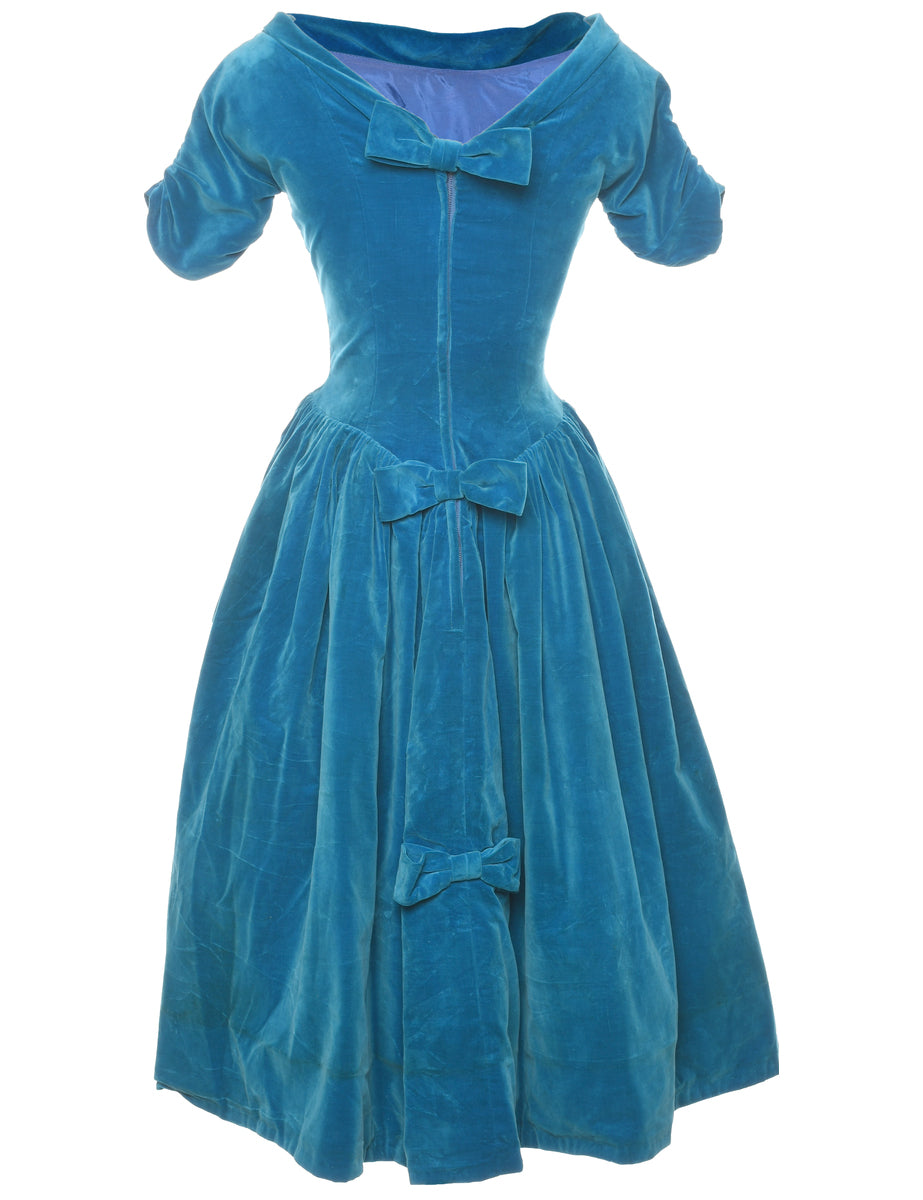 Velour Teal 1980s Evening Dress - XS