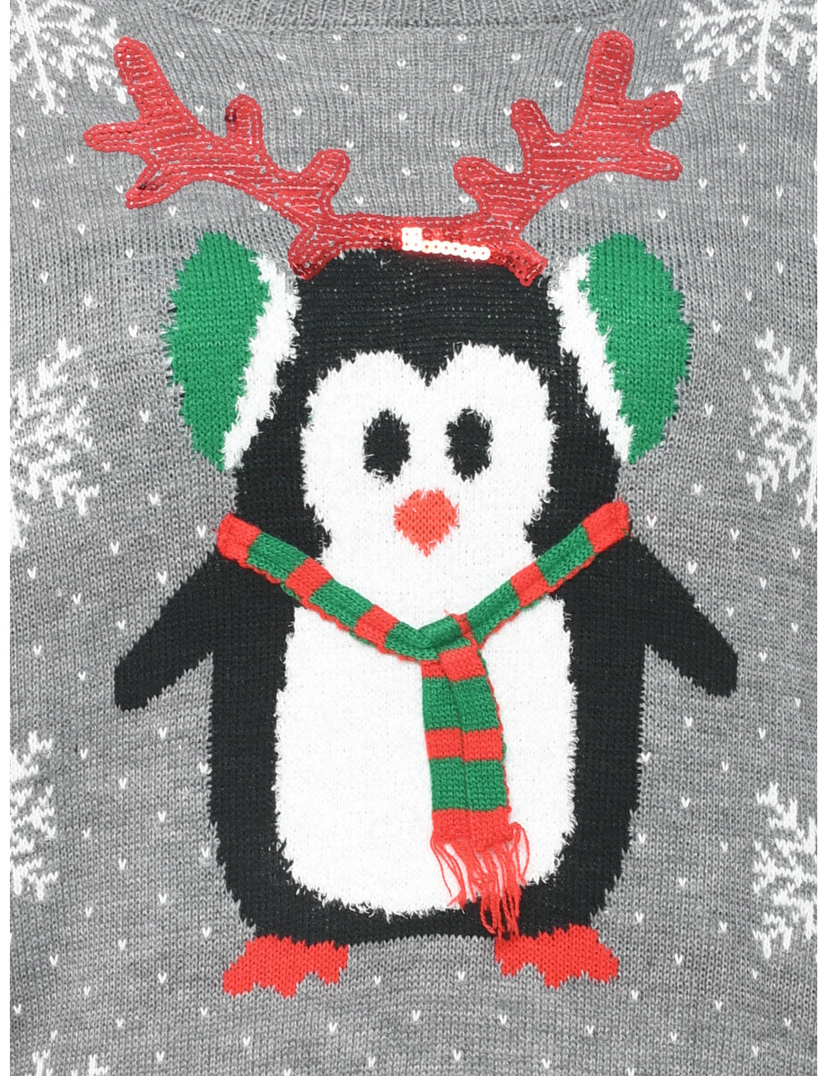 Nordic Print Penguin Christmas Jumper - L