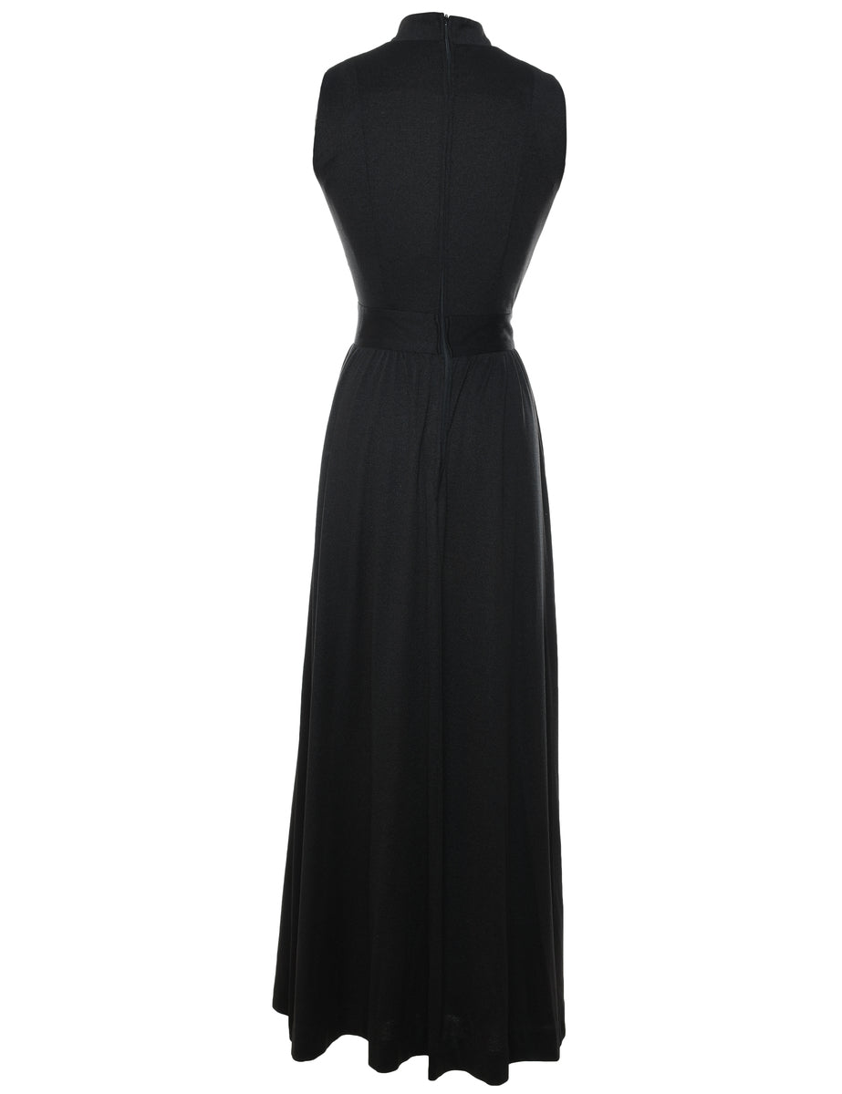 Sleeveless Plain Black High-Neck Maxi Dress - S