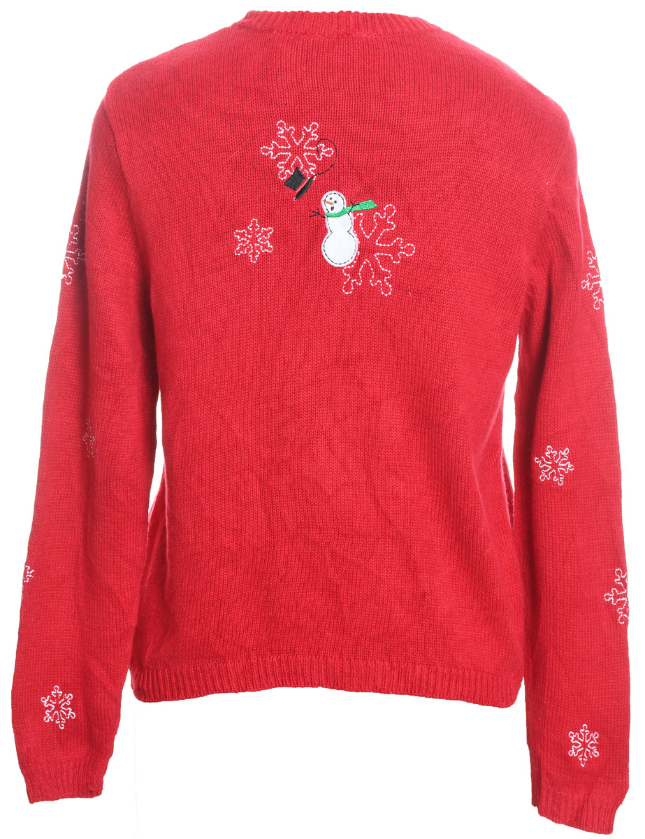 Snowman Design Red Embroidered Christmas Cardigan - M
